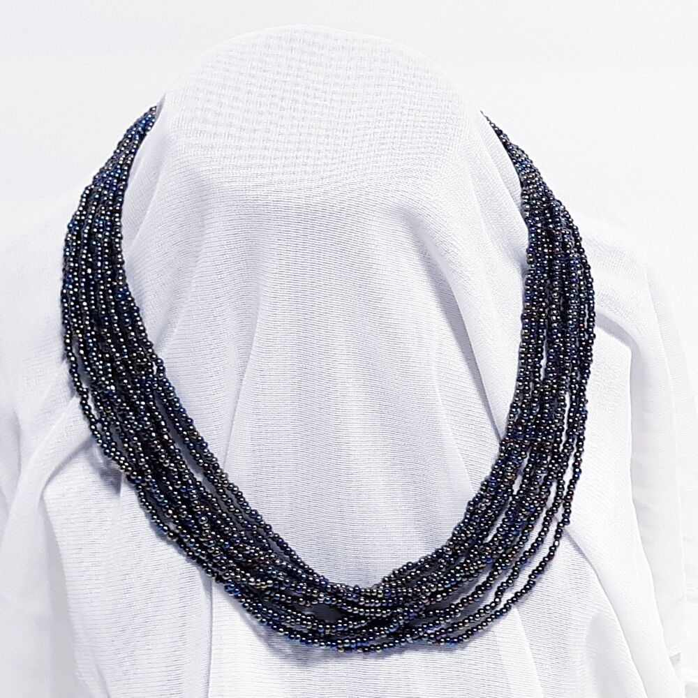 Blue Multi Colored Seed Bead Necklace boho retro elegant plastic layered